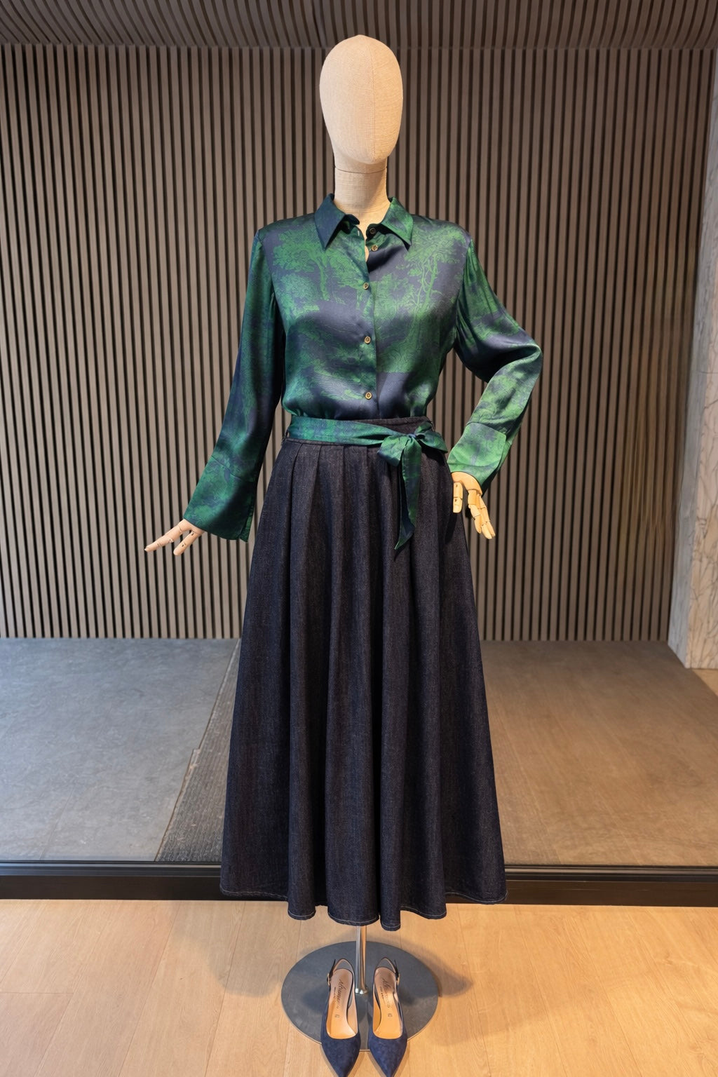 Emerald & Navy Viscose Button-Down Blouse