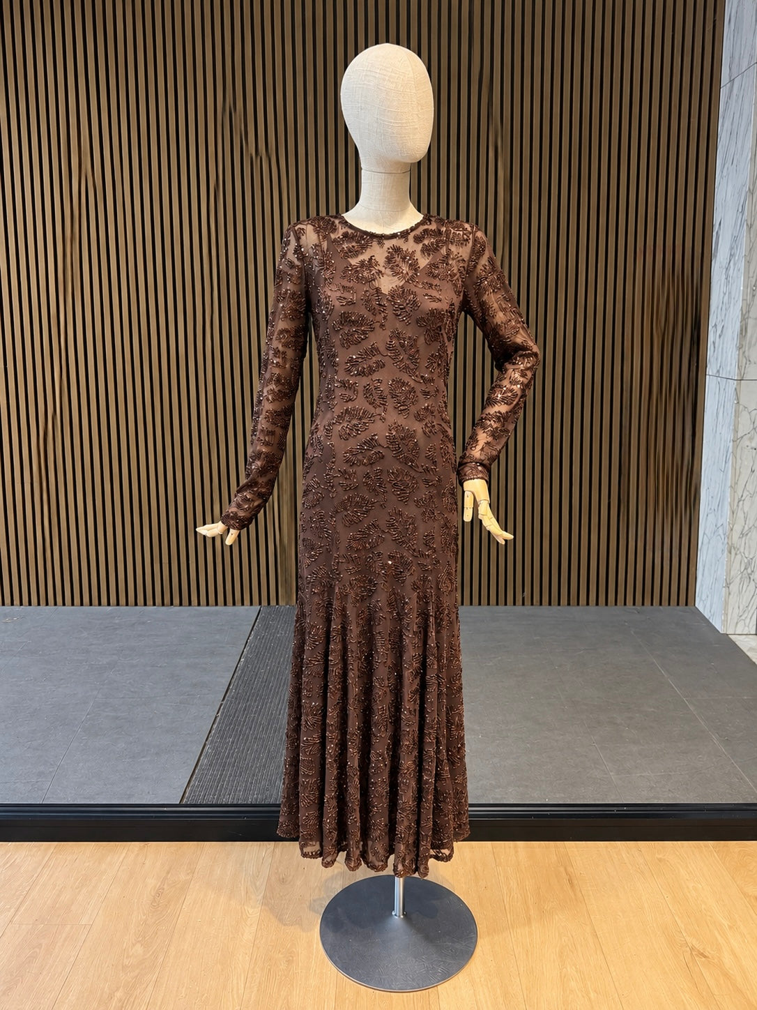 Brown Sequin Embellished Maxi Evening Dress With Sheer Long Sleeves - Party Dress