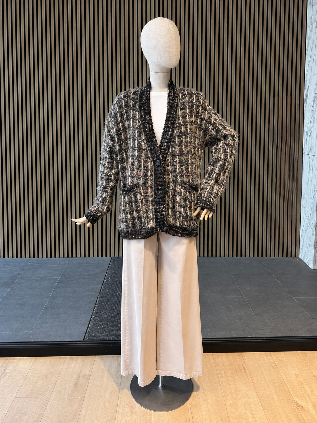Relaxed Fit Women's Brown & Beige Textured Knit Cardigan With Pockets