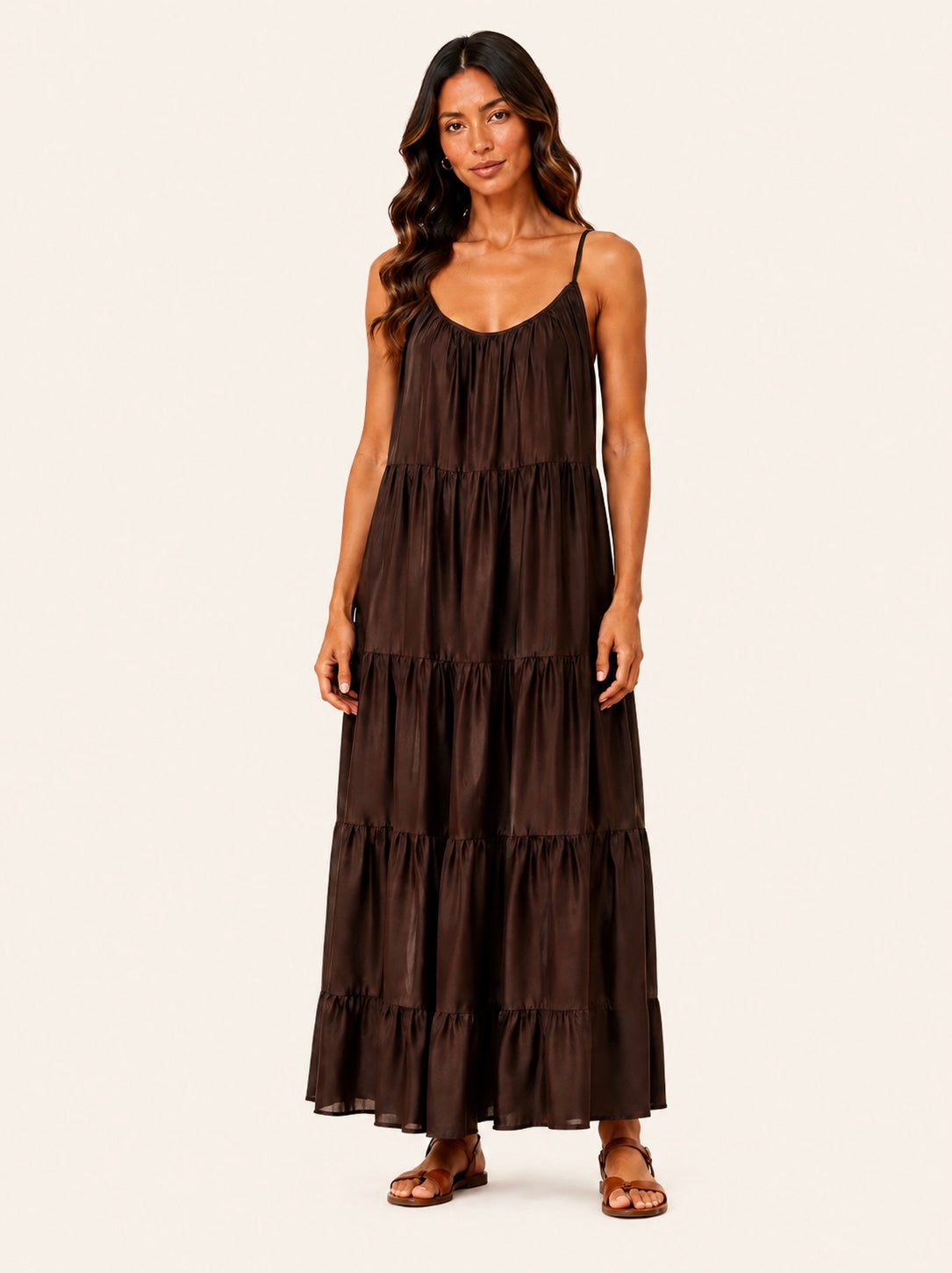 Women's Chocolate Brown Tiered Spaghetti Strap Maxi Dress