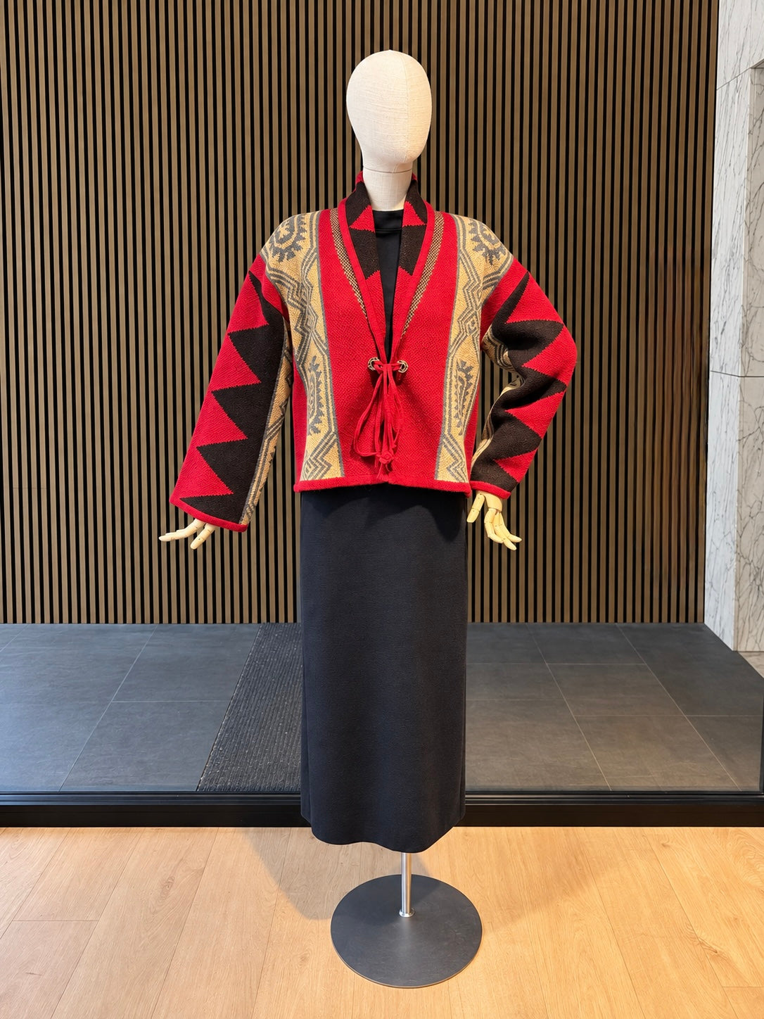 Women's Geometric Knit Cardigan With Tie Front - Red, Brown & Camel