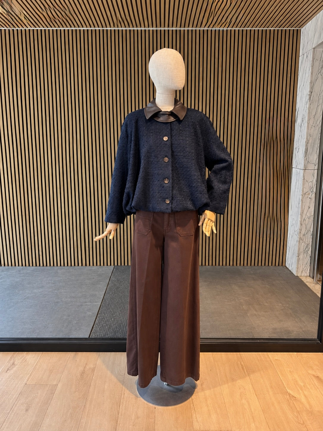 Relaxed Fit Navy Textured Jacket With Brown Faux Leather Collar