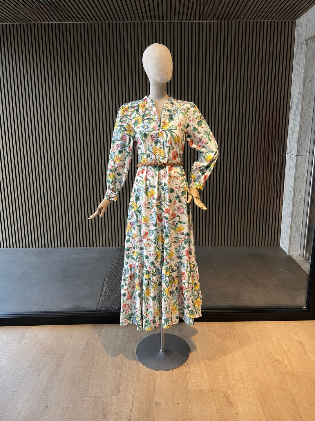 Cream Botanical Print Belted Maxi Dress - Elegant Long Sleeve Dress