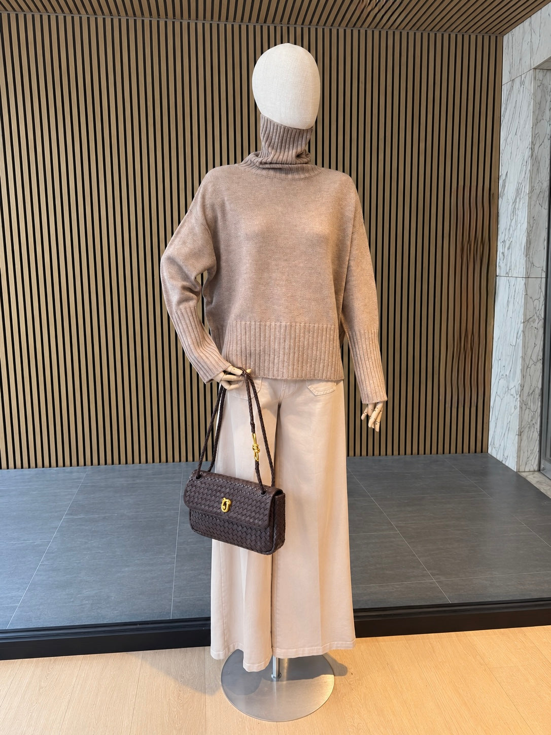 Brown Woven Leather Shoulder Bag With Gold Hardware