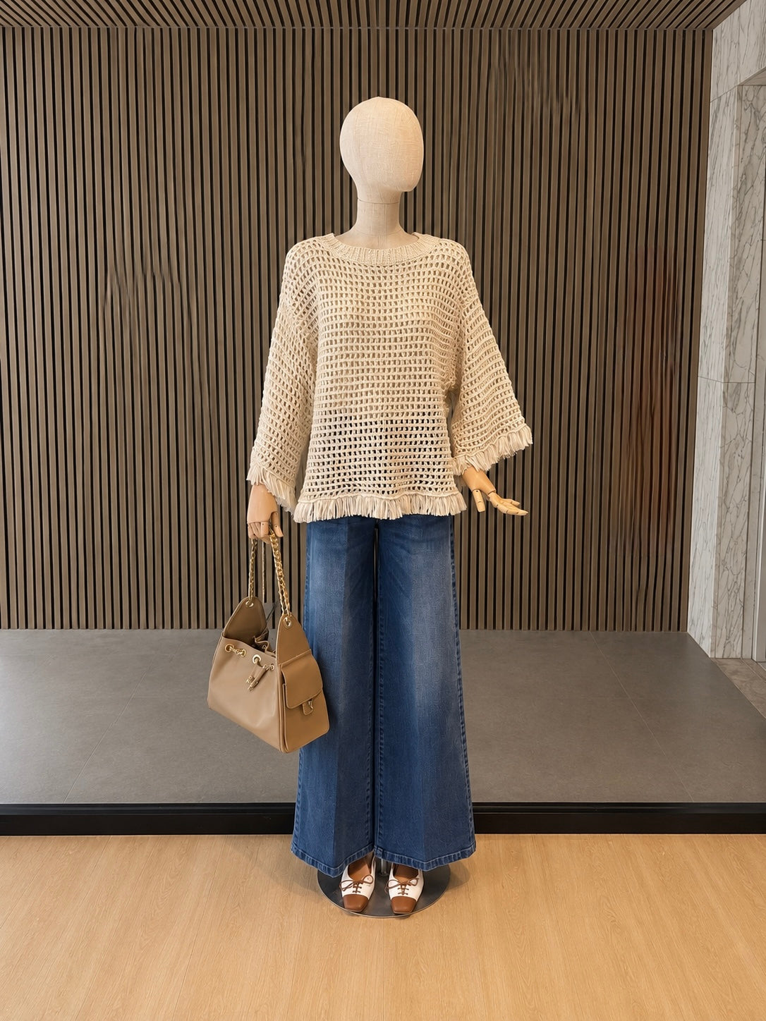 Boho Fringe Crochet Knit Sweater - Cream Oversized Open Weave Pullover