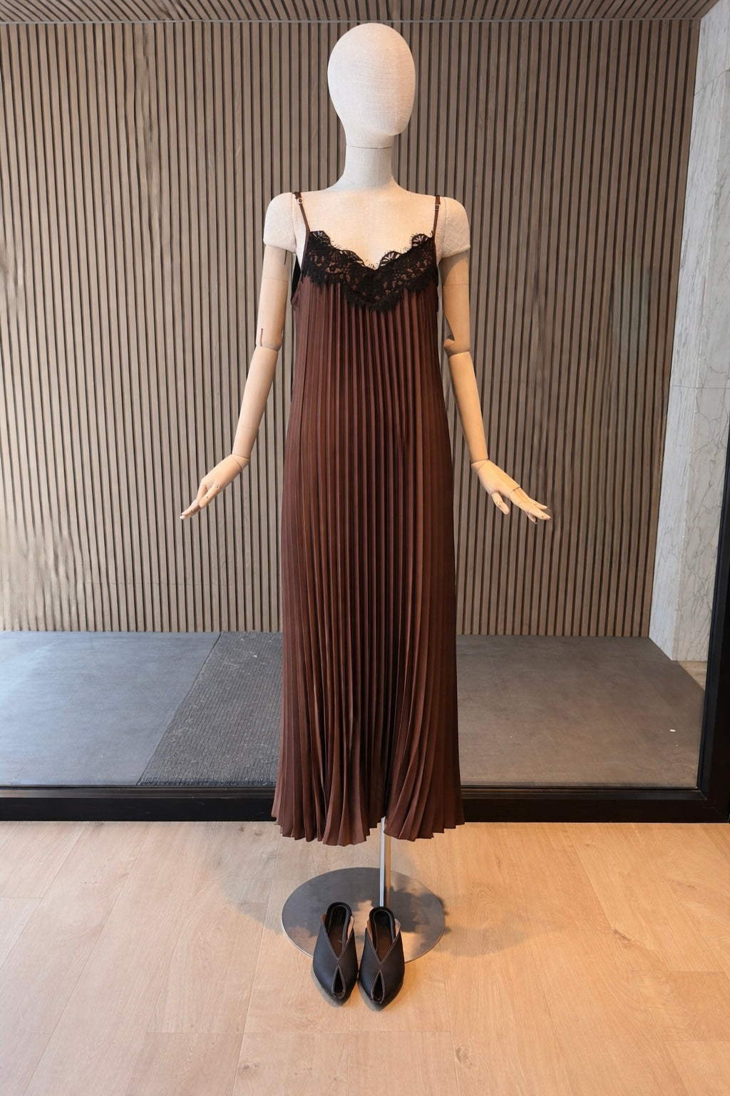 Chocolate Brown Pleated Maxi Dress with Lace Trim