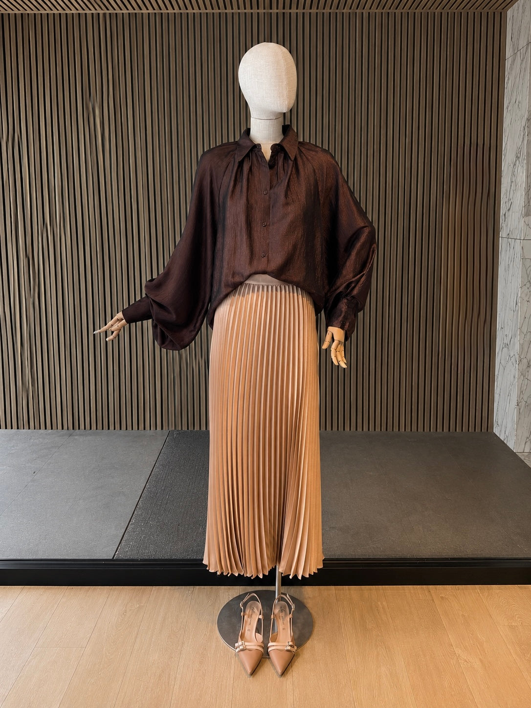 Brown Relaxed Fit Balloon Sleeve Blouse - Elegant Shimmer Button-Up Top