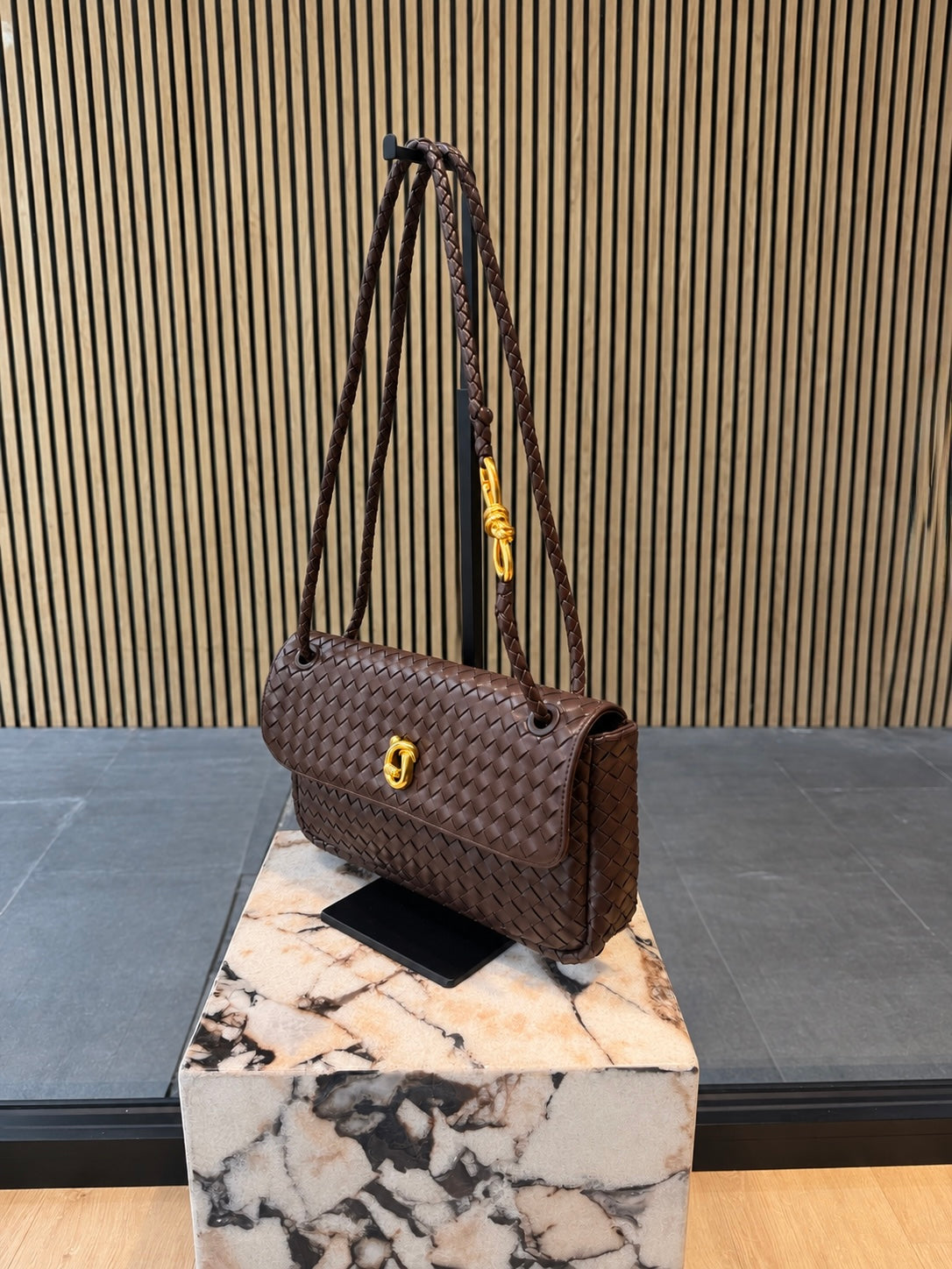 Brown Woven Leather Shoulder Bag With Gold Hardware