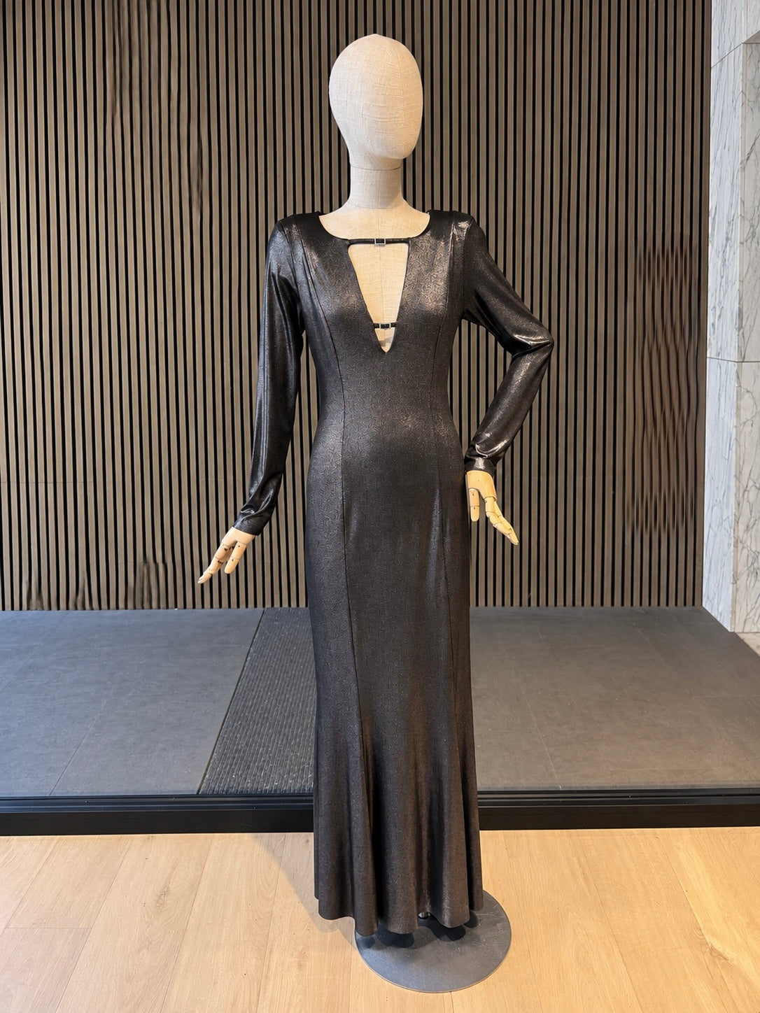 Black Metallic Shimmer Long Sleeve Maxi Dress With Deep V-Neck - Party Dress