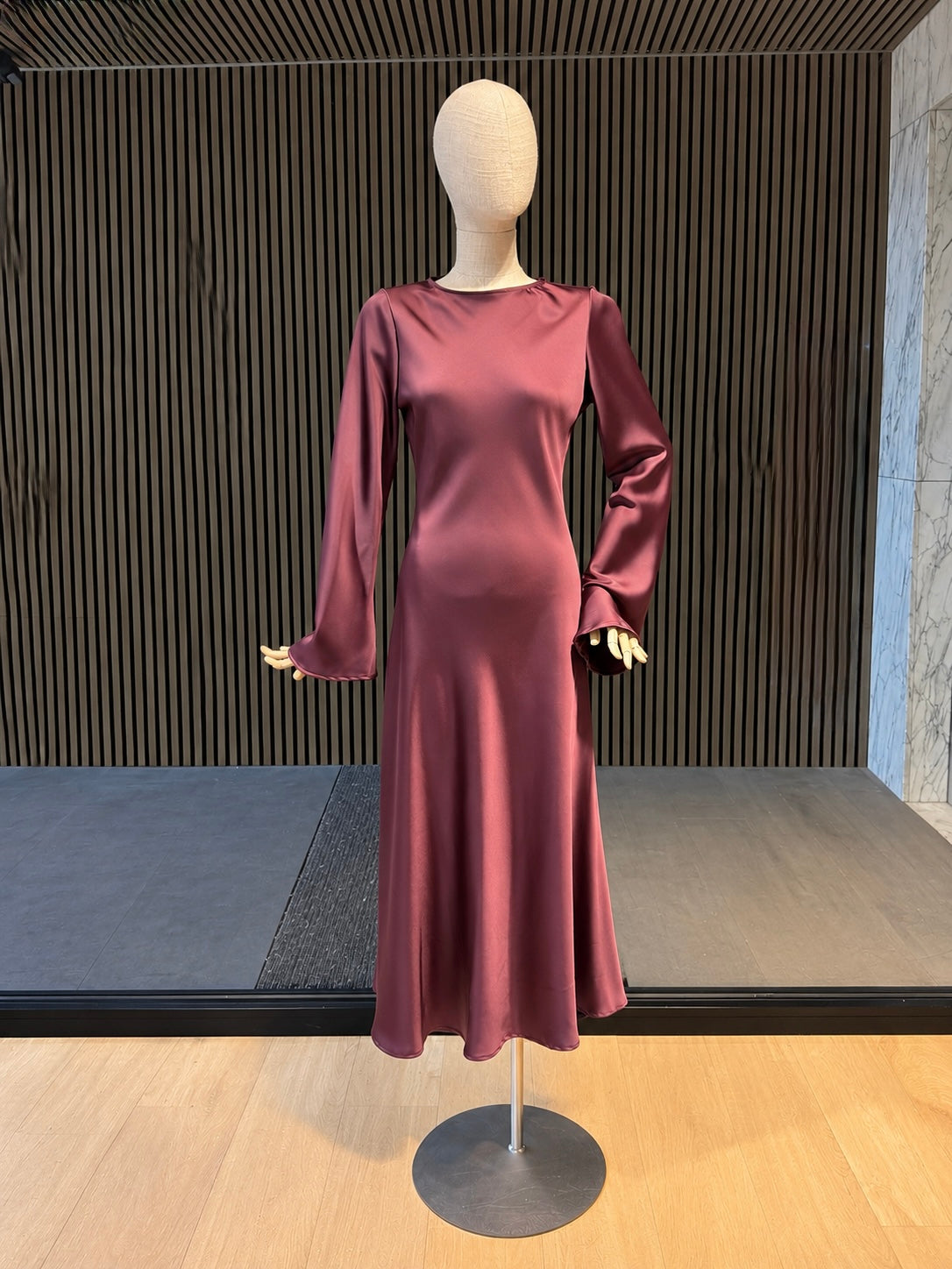 Burgundy Satin Look Maxi Dress With Bell Sleeves