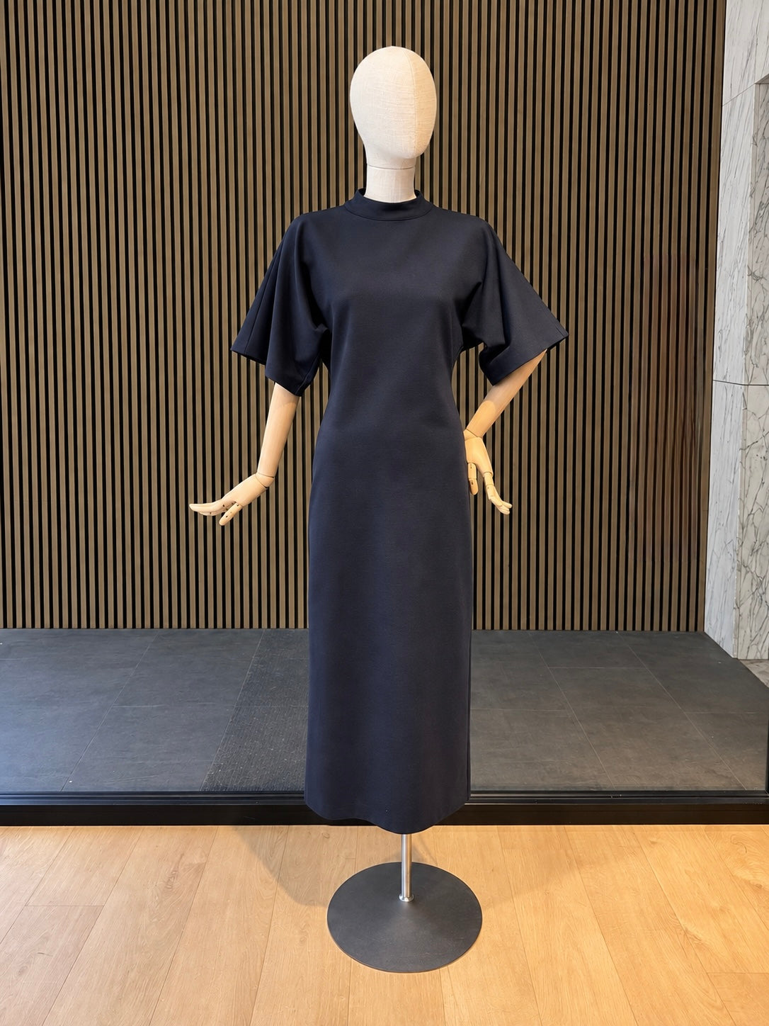 Midnight Blue Mock Neck Maxi Dress With Wide Sleeves