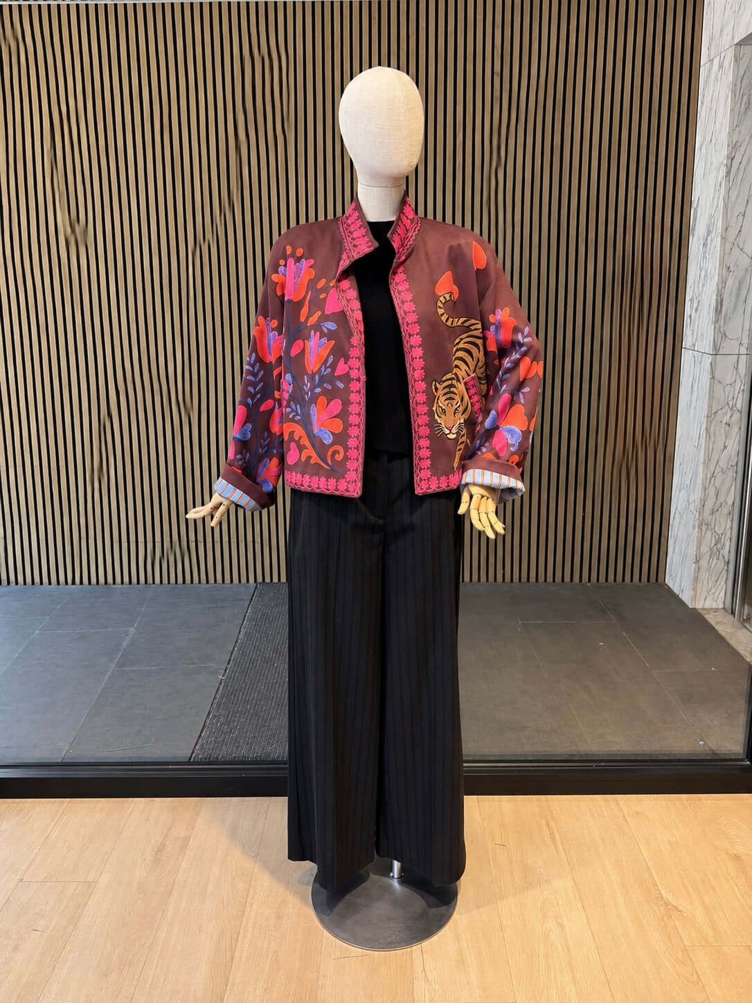 Relaxed Fit Brown Tiger & Floral Cropped Jacket With Mandarin Collar