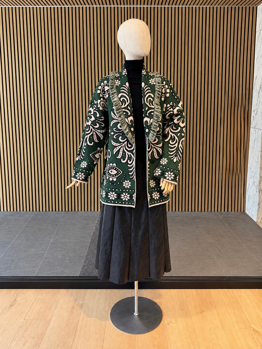 Relaxed Fit Green Jacquard Knit Cardigan With Belt & Fringe Trim