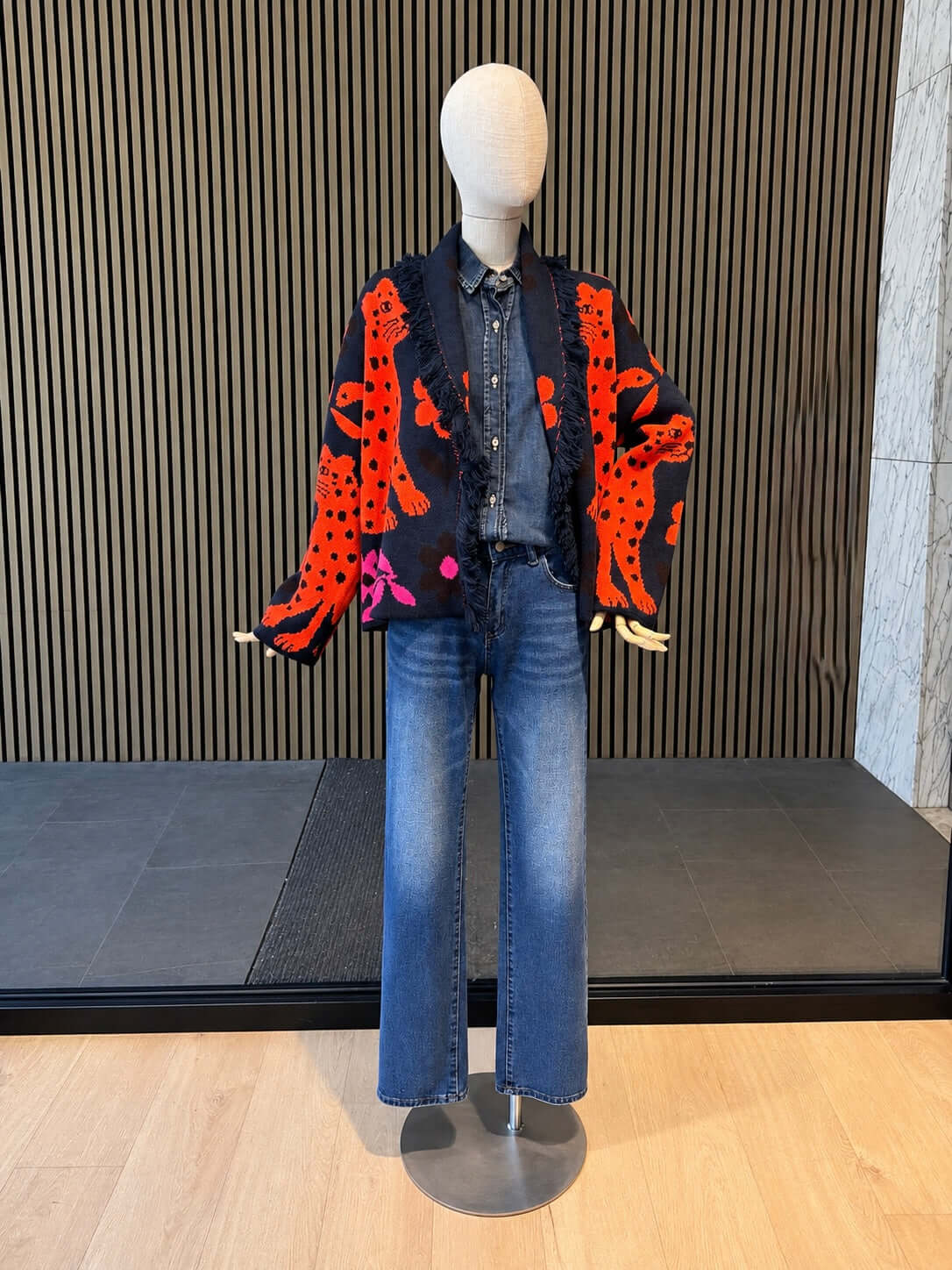 Women's Relaxed Fit Navy Jacquard Knit Cardigan With Leopard & Floral Print