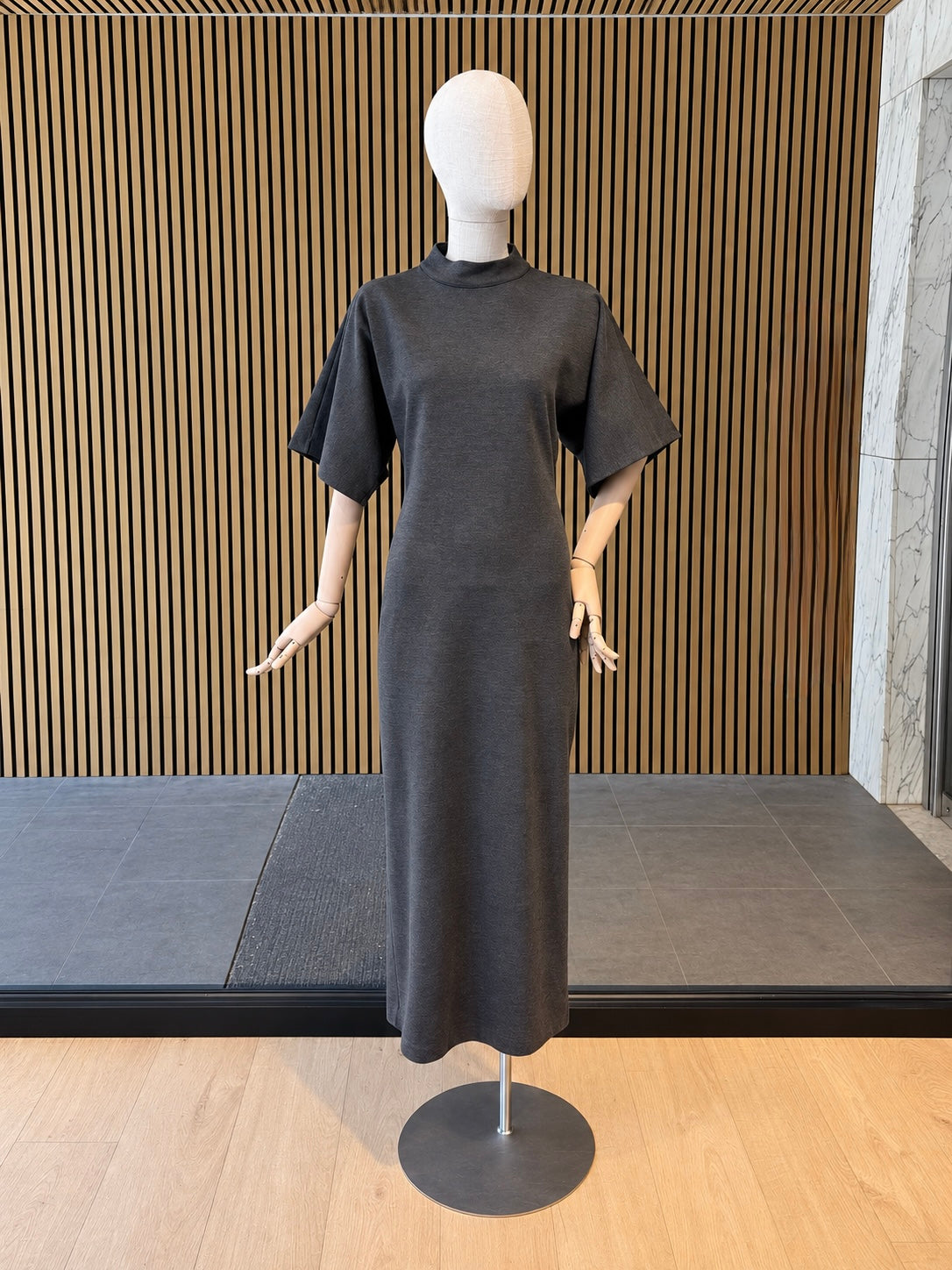 Charcoal Grey Mock Neck Maxi Dress With Wide Sleeves