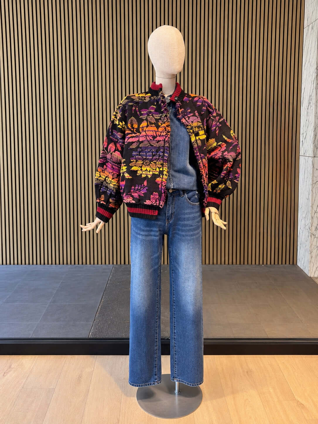 Women's Relaxed Fit Floral Jacquard Bomber Cardigan - Black Multicolor