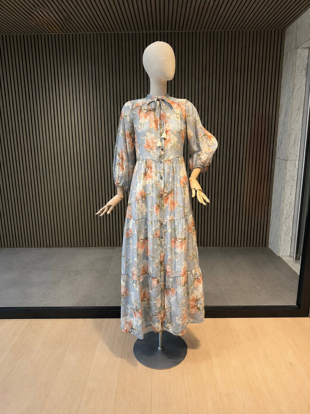 Blue Floral Maxi Dress With Long Sleeves & Tie Neck - Women's Boho Dress