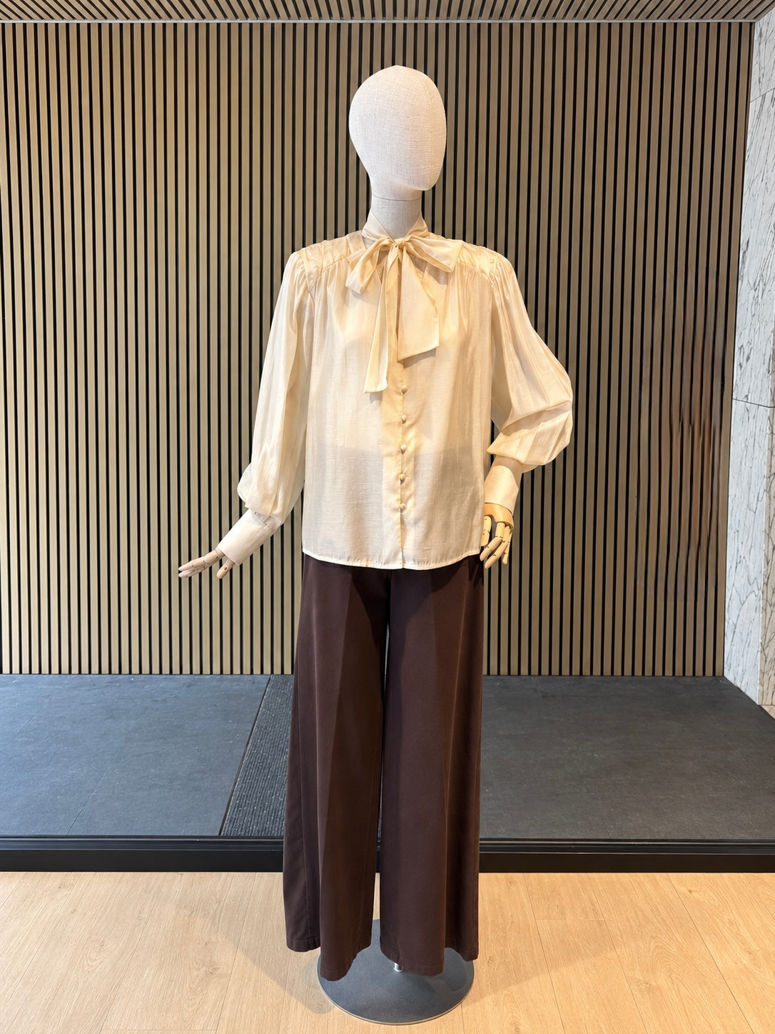 Ivory Bow Neck Blouse With Long Sleeves
