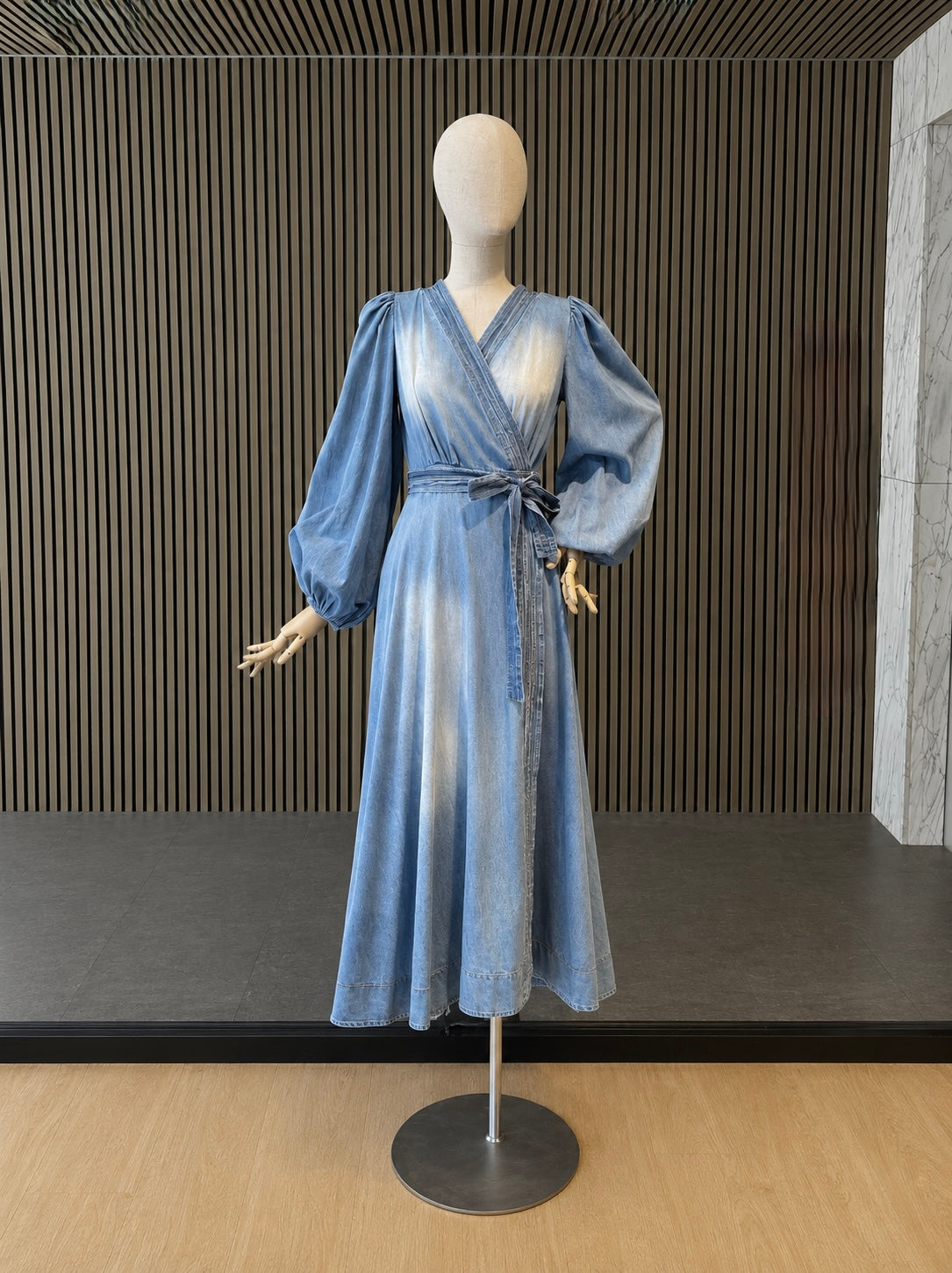 Women's Light Blue Denim Wrap Maxi Dress With Balloon Sleeves & Tie Belt