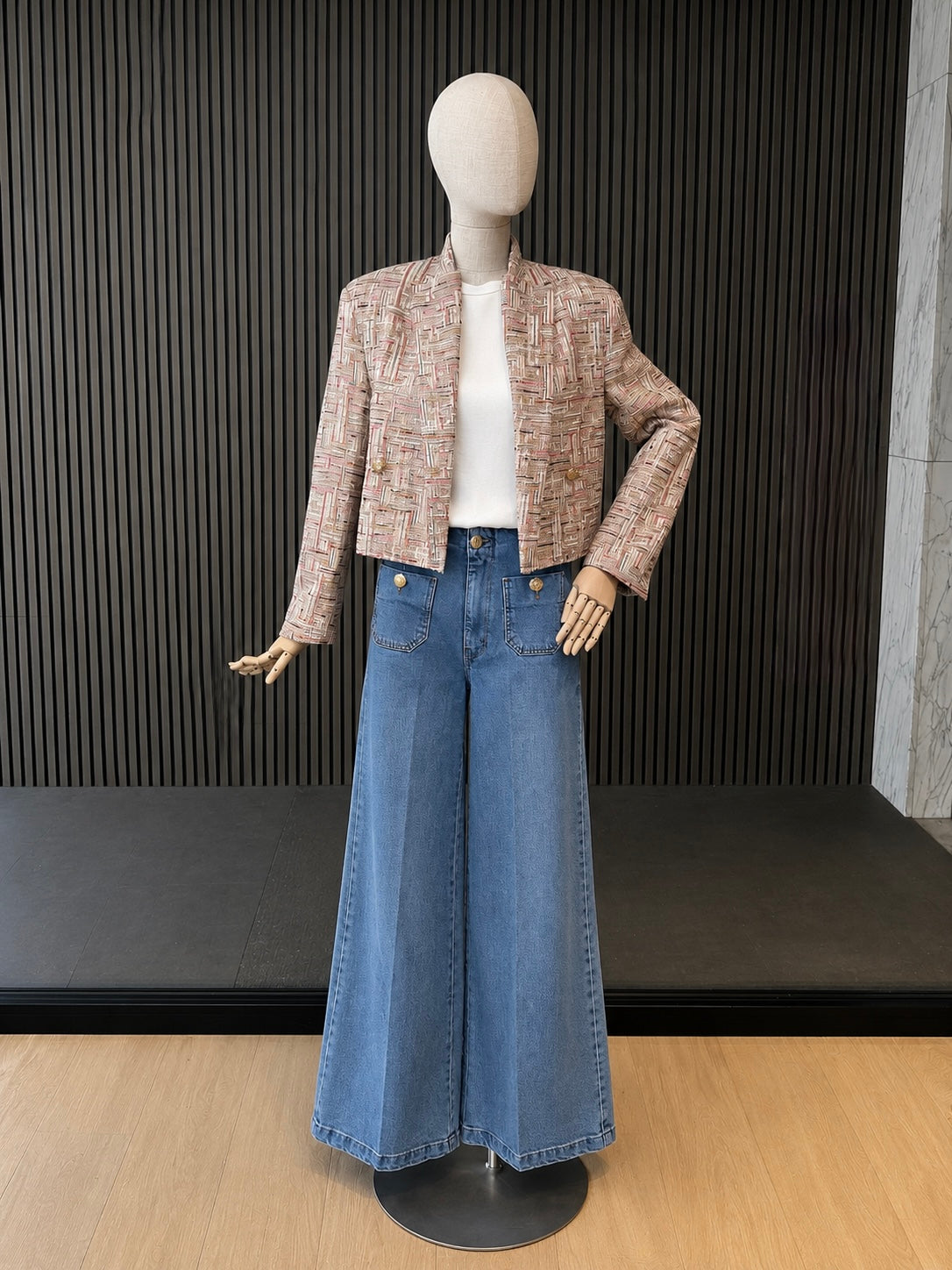 Beige Multicolour Tweed Cropped Blazer With Gold Buttons