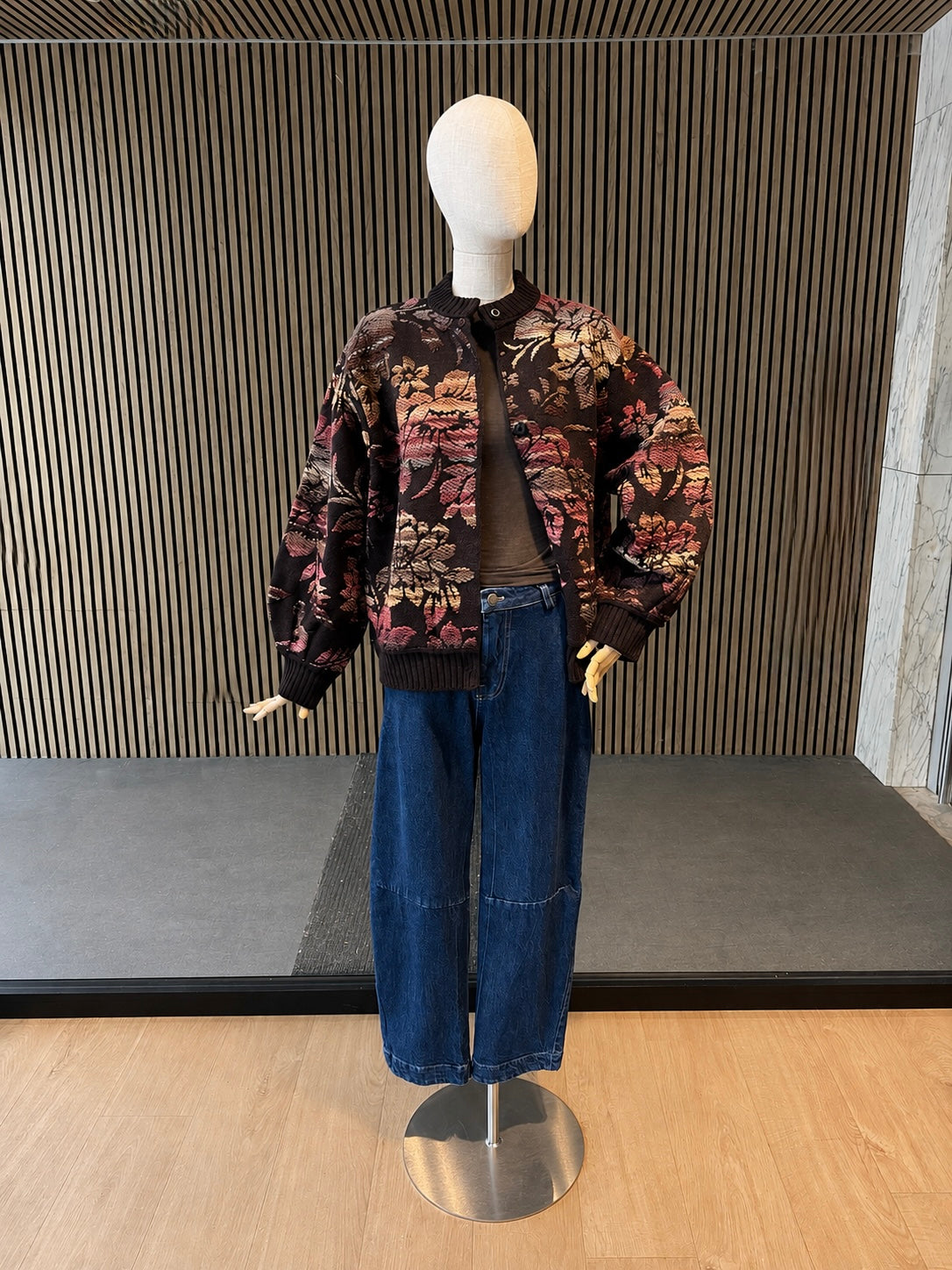 Relaxed Fit Brown Floral Jacquard Bomber Cardigan - Women's Knit Jacket