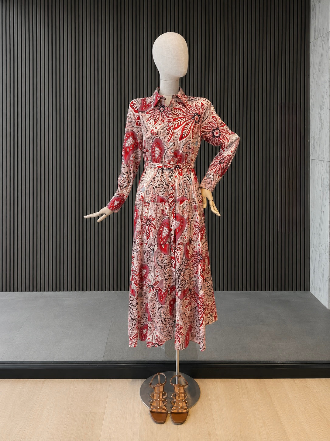 Red Paisley Belted Maxi Shirt Dress - Boho Long Sleeve Dress
