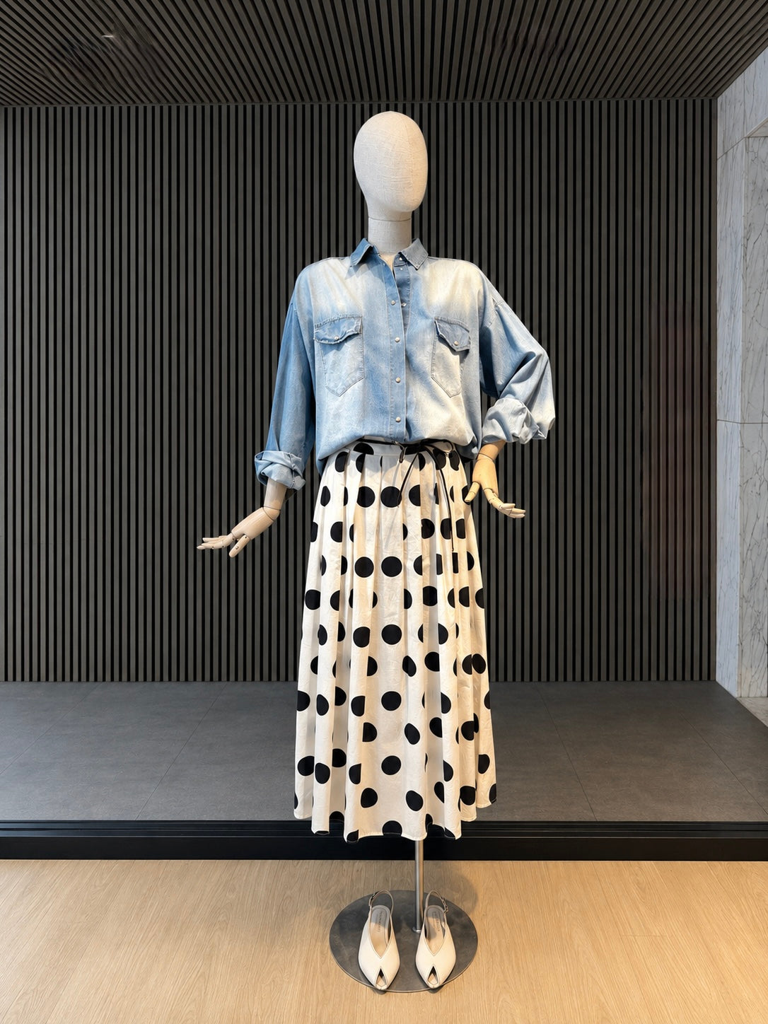 Monroe Polka Dot Maxi Skirt - Cream & Black Pleated Skirt With Tie Waist