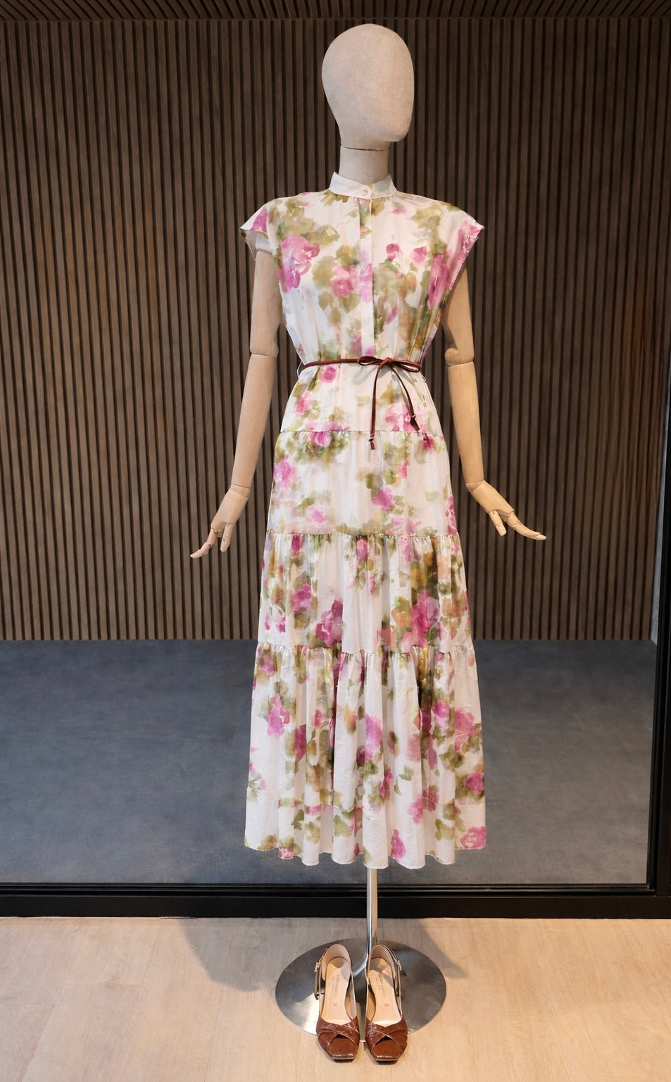 Blush Floral Tiered Maxi Dress With Mandarin Collar