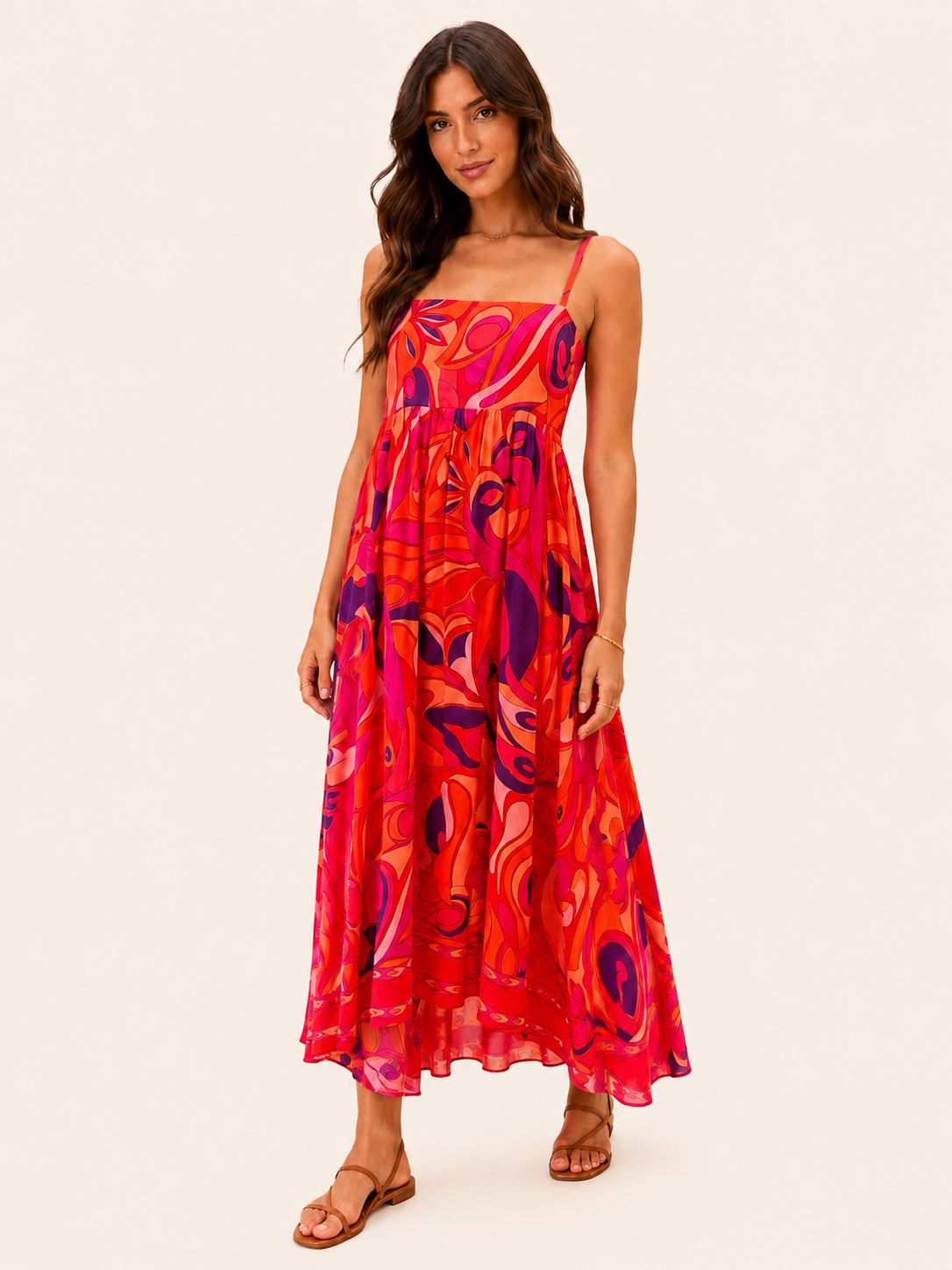 Women's Abstract Print Strappy Maxi Dress - Red & Pink
