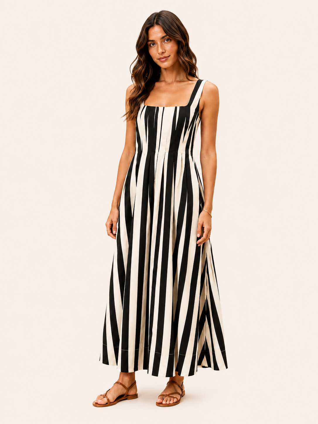 Women's Black & Cream Striped Square Neck Maxi Dress