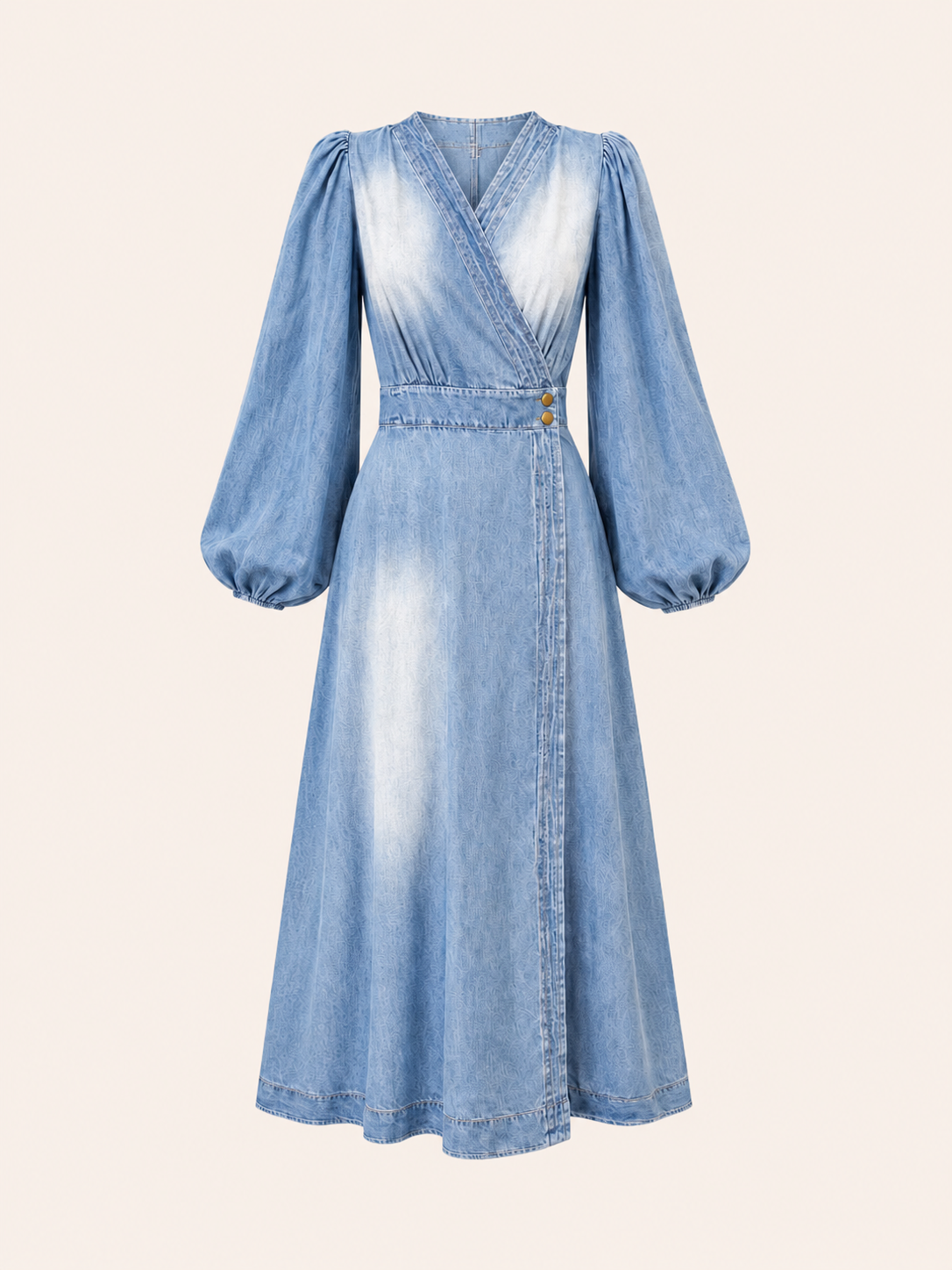 Women's Light Blue Denim Wrap Maxi Dress With Balloon Sleeves & Tie Belt