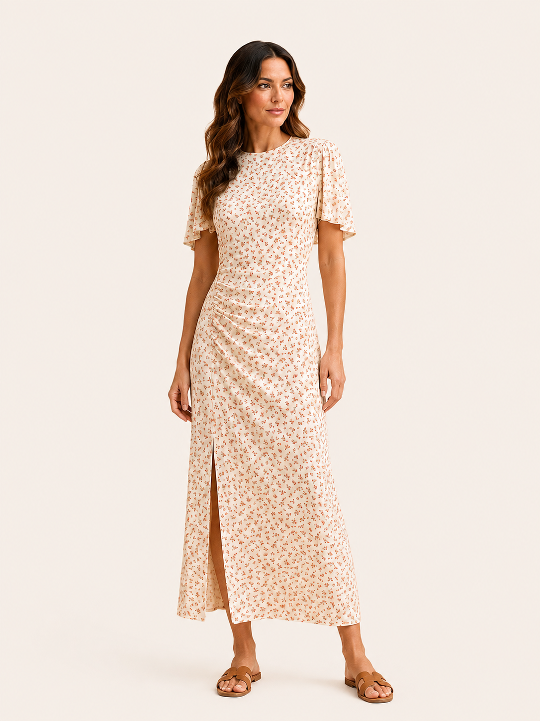 Robe longue froncée à imprimé floral romantique - Robe midi élégante crème avec fente latérale et manches fluides pour femme
