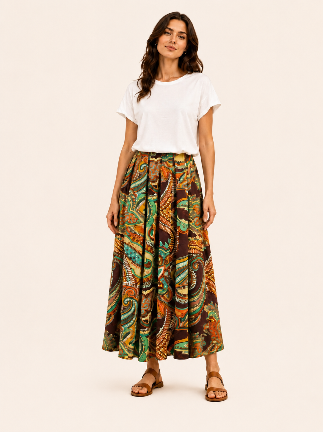 Jupe longue plissée à imprimé tropical – Jupe trapèze en coton pour femme