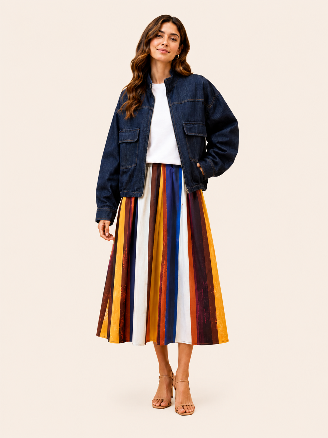 Jupe longue évasée Sunset Stripe - Jupe en coton multicolore coupe évasée