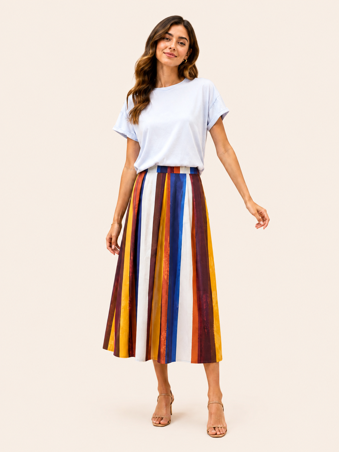 Jupe longue évasée Sunset Stripe - Jupe en coton multicolore coupe évasée