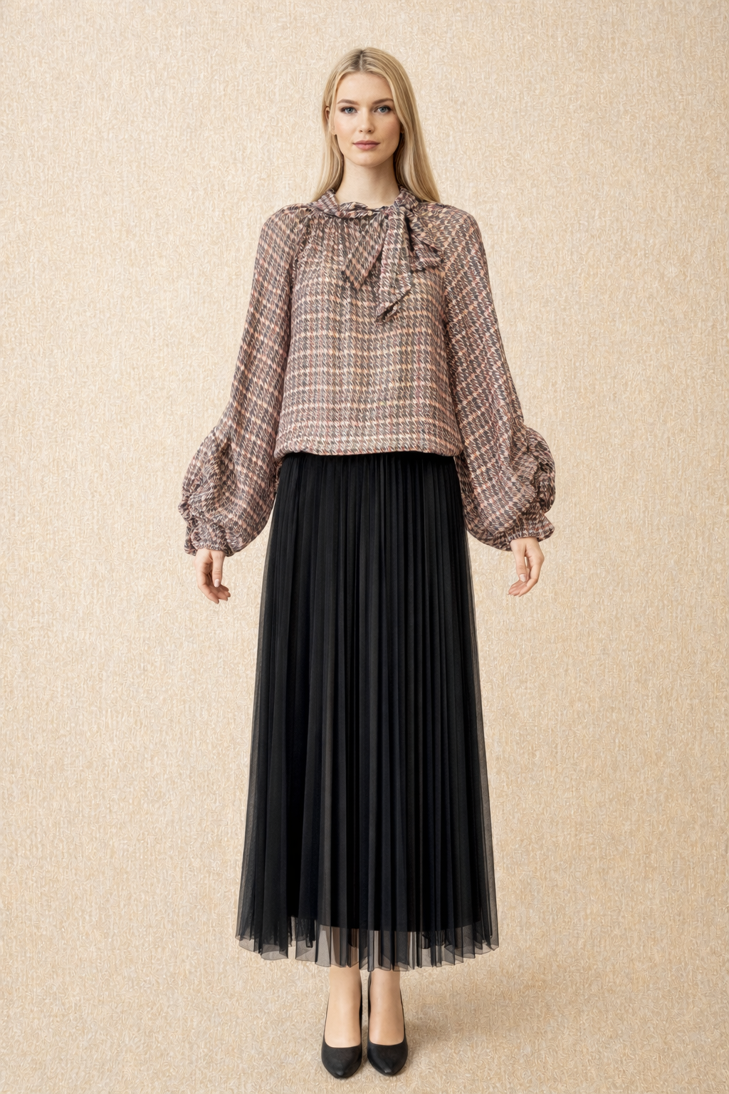Soft Houndstooth Blouse with Bow Detail