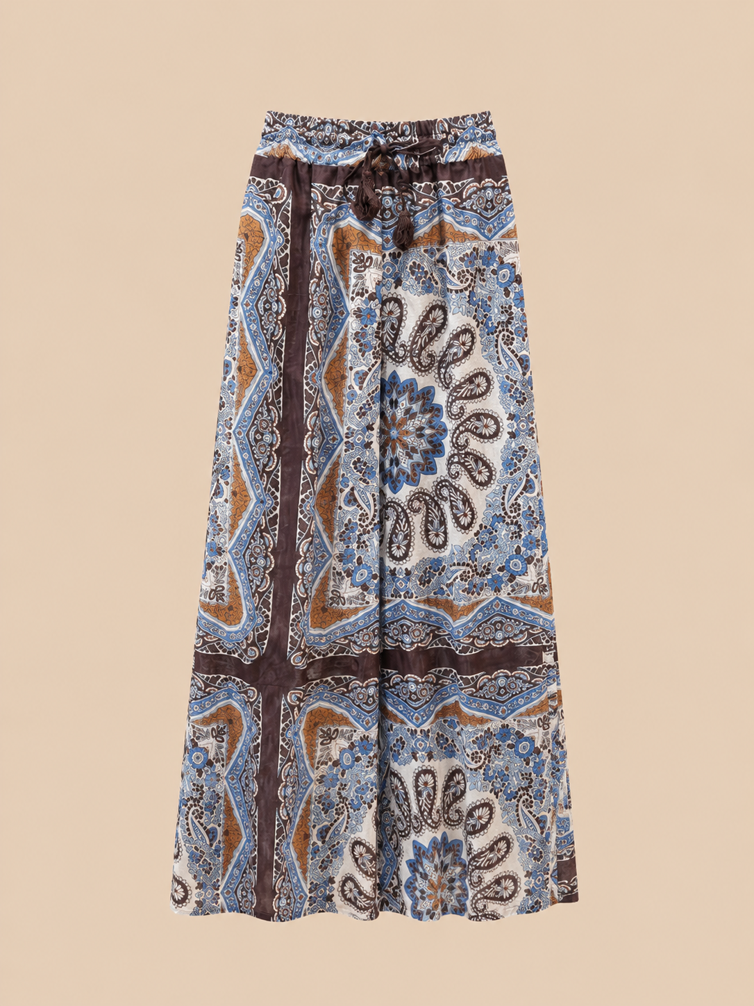 Blue Paisley Wide Leg Palazzo Trousers - Boho Print Flowing Women's Pants