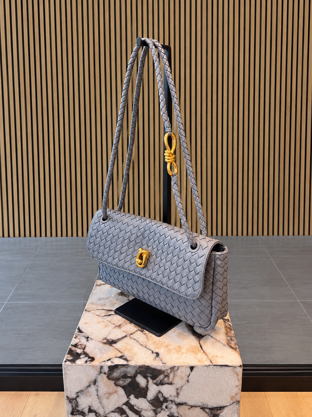 Grey Woven Leather Shoulder Bag With Gold Hardware