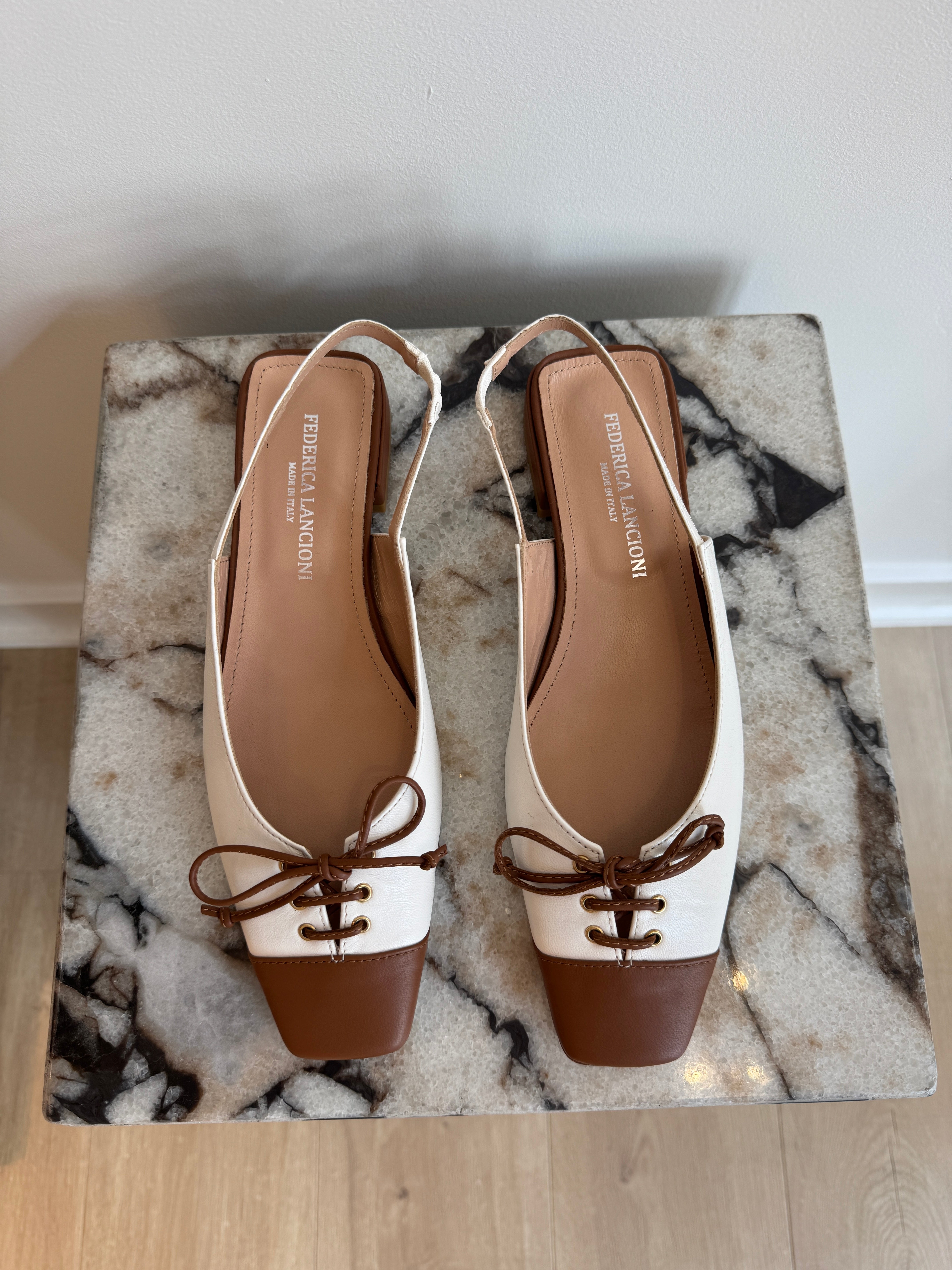 Women's Italian Leather Two-Tone Slingback Ballet Flats - Brown & Cream Square Toe