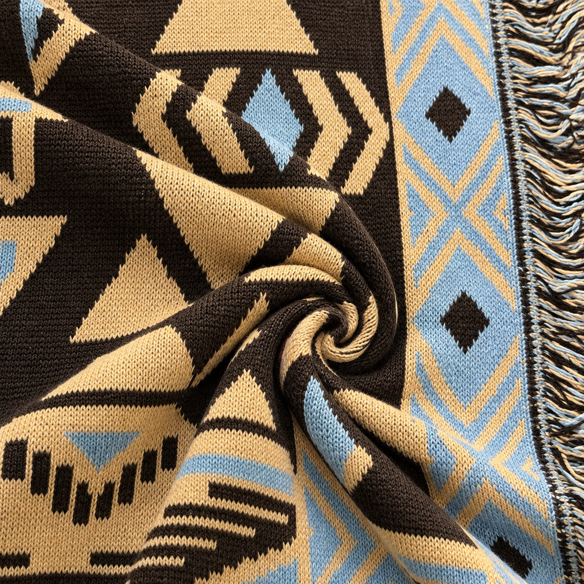 Blue & Beige Geometric Fringe Knit Cardigan