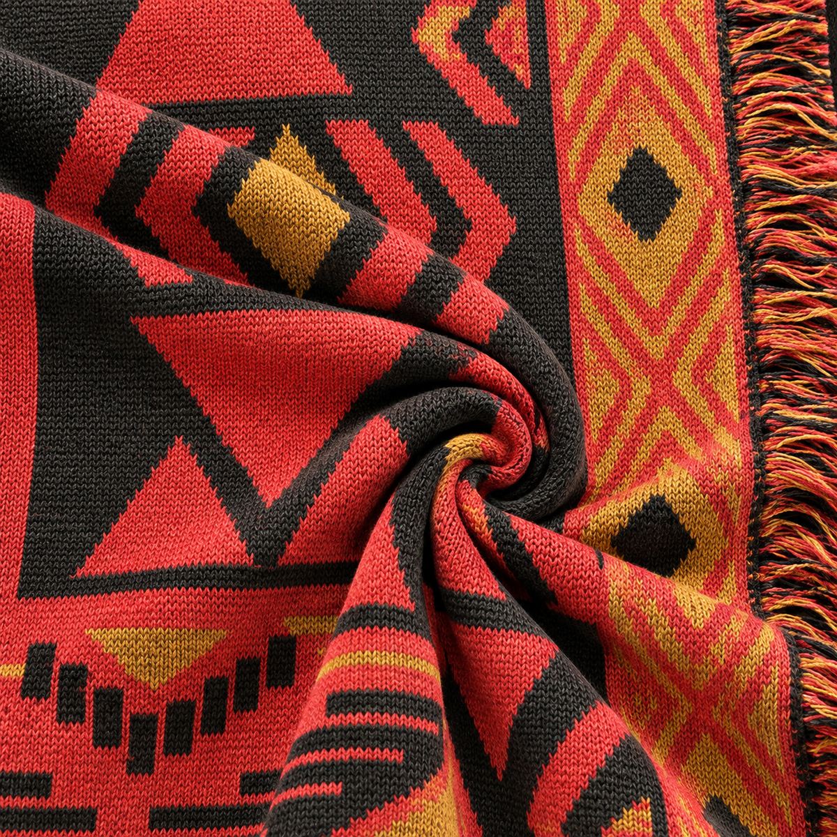 Red & Black Geometric Fringe Knit Cardigan