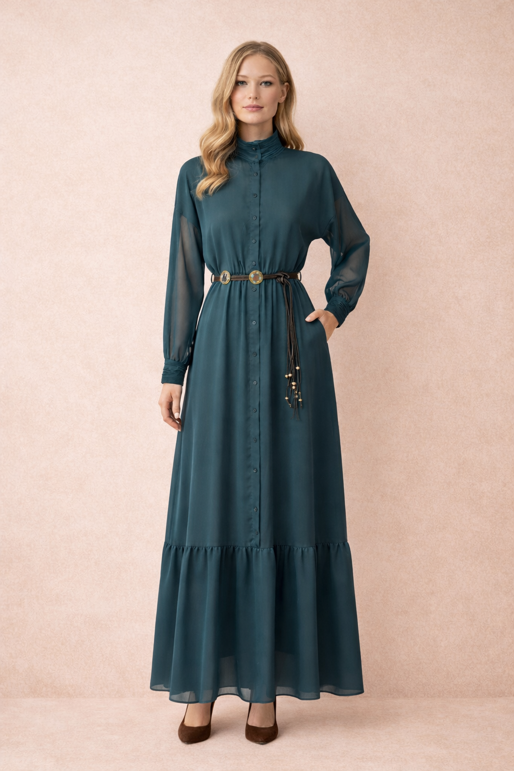 Emerald Green Belted Shirt Maxi Dress
