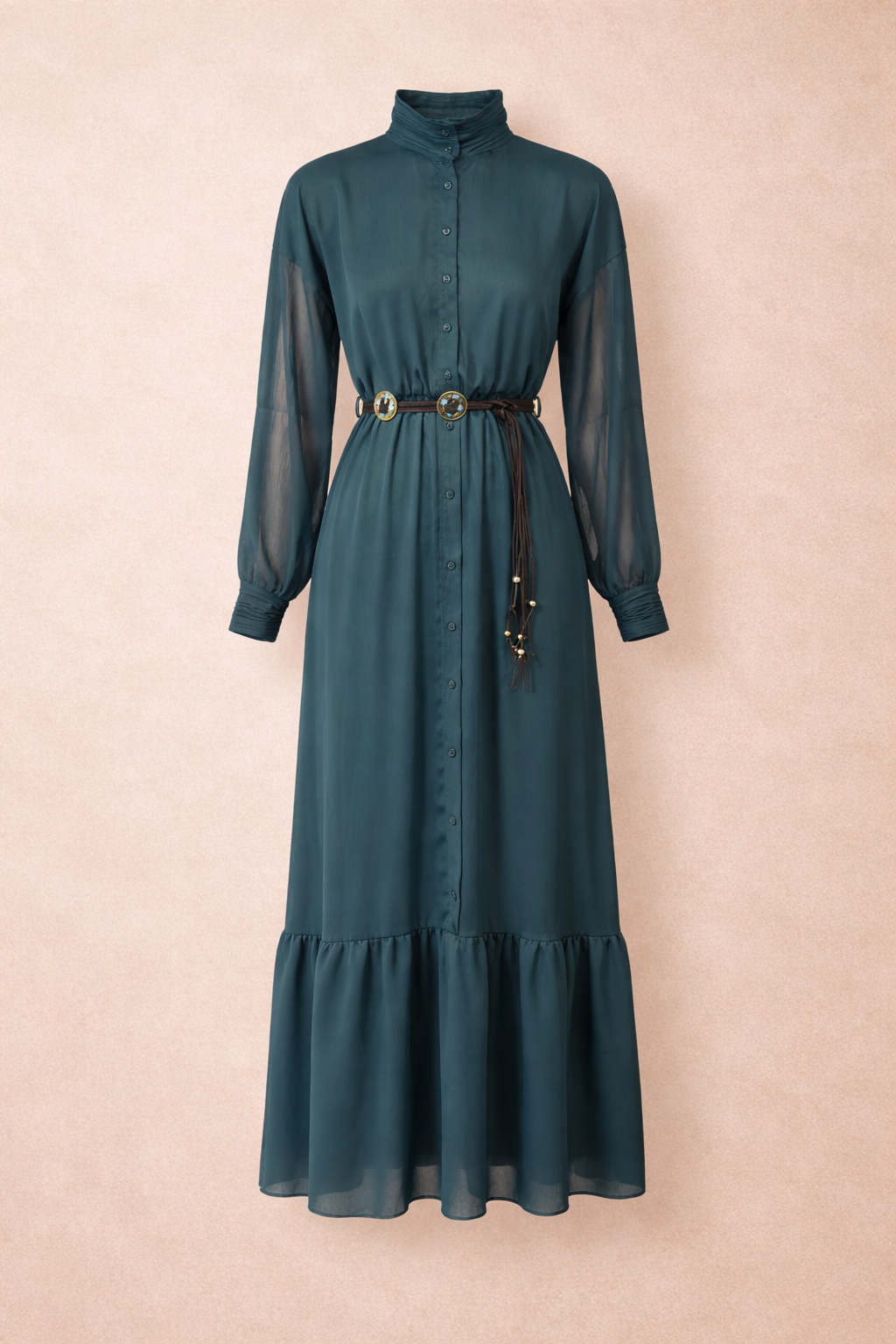Emerald Green Belted Shirt Maxi Dress