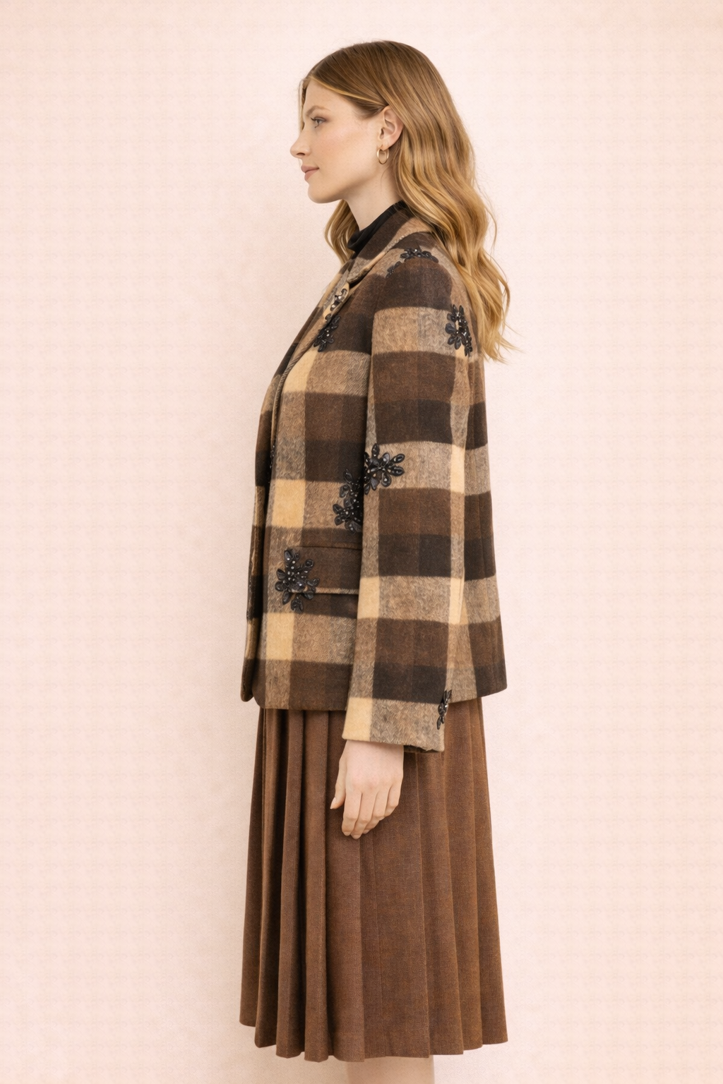 Check print jacket with sequin embroideries