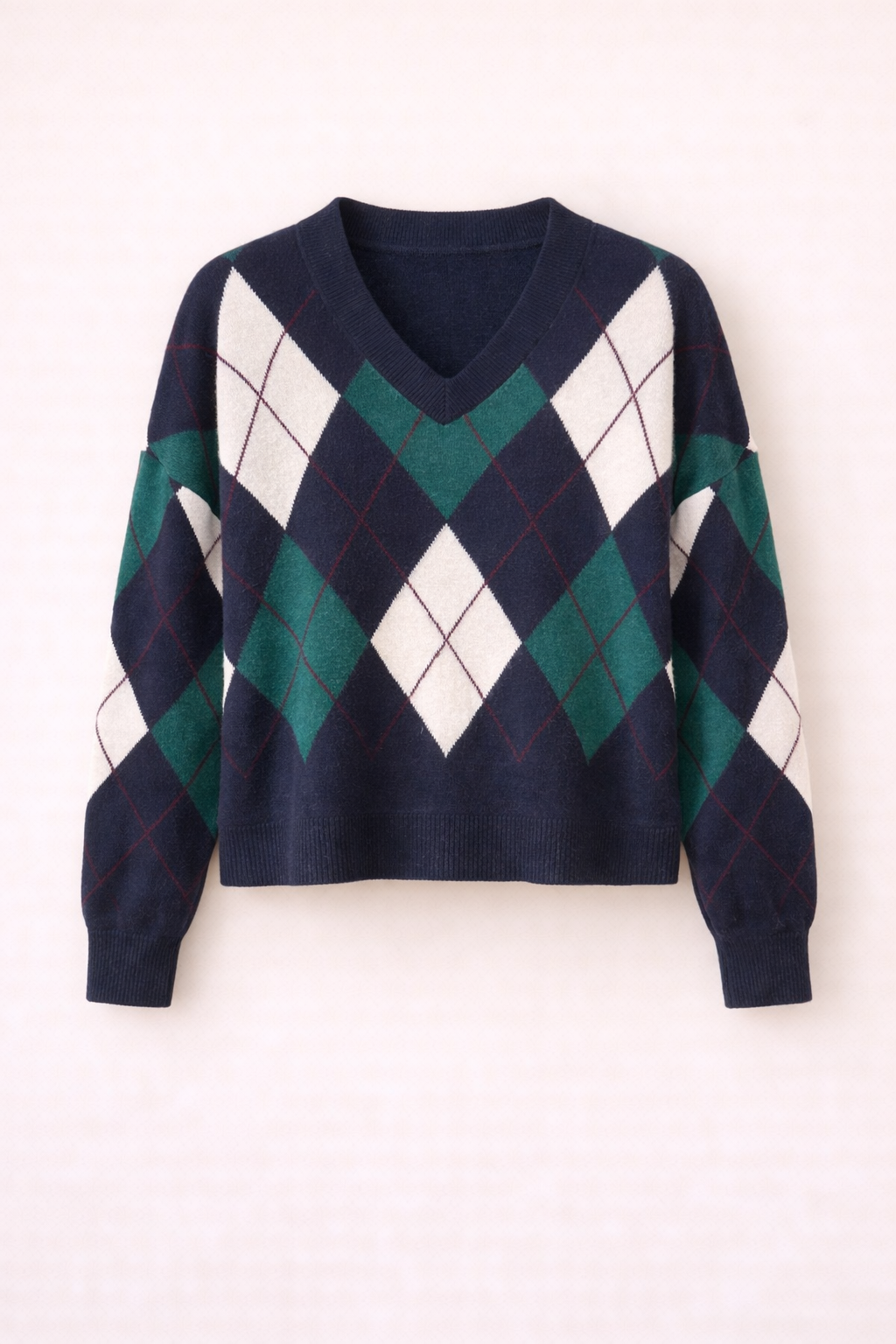 Pull en laine à col en V bleu marine/vert/blanc, coupe décontractée