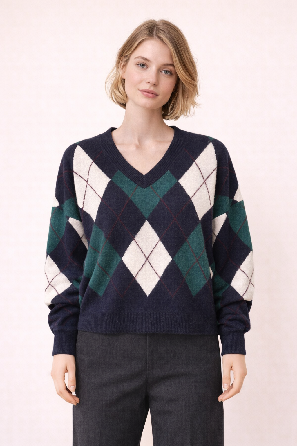 Pull en laine à col en V bleu marine/vert/blanc, coupe décontractée