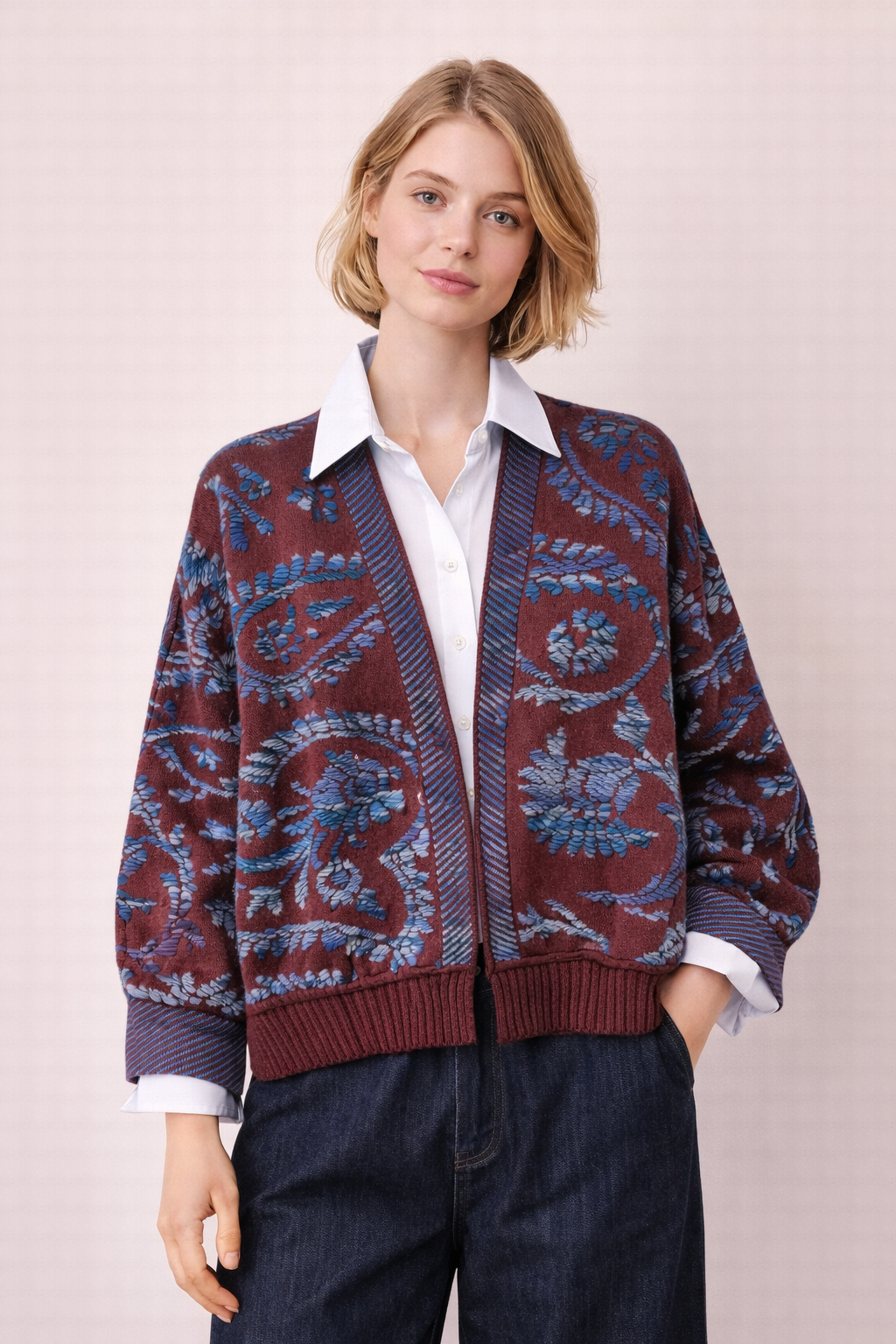 Relaxed fit burgundy printed cardigan