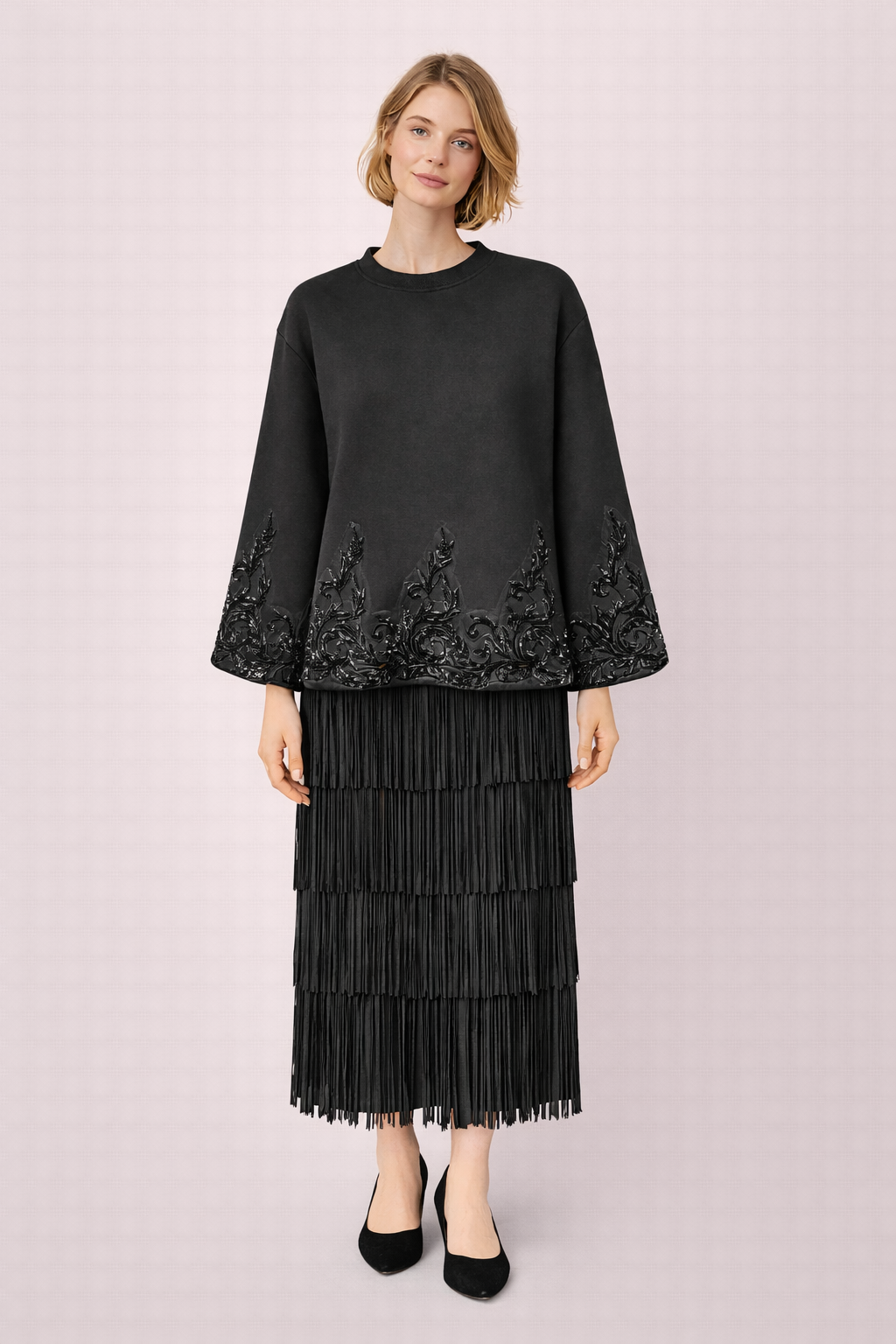 Long black skirt with fringes