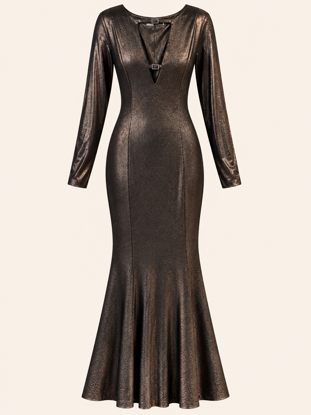 Black Metallic Shimmer Long Sleeve Maxi Dress With Deep V-Neck - Party Dress
