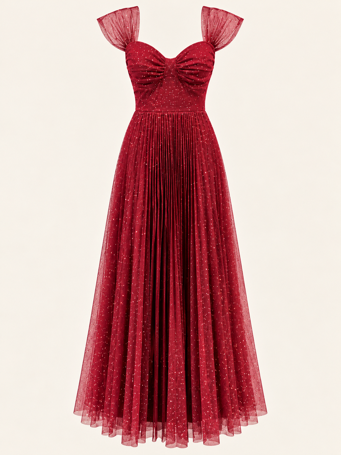 Burgundy Glitter Tulle Maxi Evening Dress With Pleated Skirt And Sheer Cap Sleeves - Party Dress